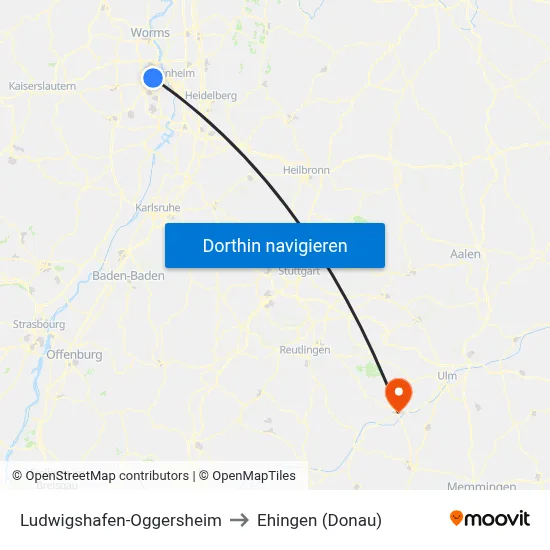 Ludwigshafen-Oggersheim to Ehingen (Donau) map