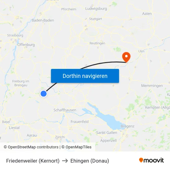 Friedenweiler (Kernort) to Ehingen (Donau) map