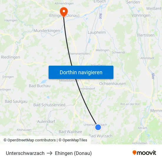 Unterschwarzach to Ehingen (Donau) map