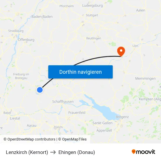 Lenzkirch (Kernort) to Ehingen (Donau) map
