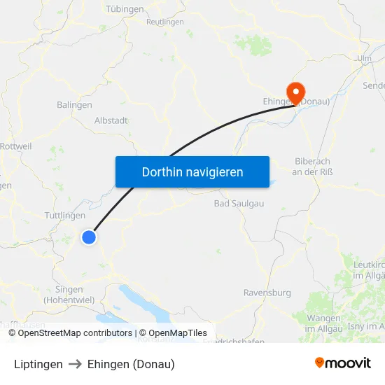 Liptingen to Ehingen (Donau) map