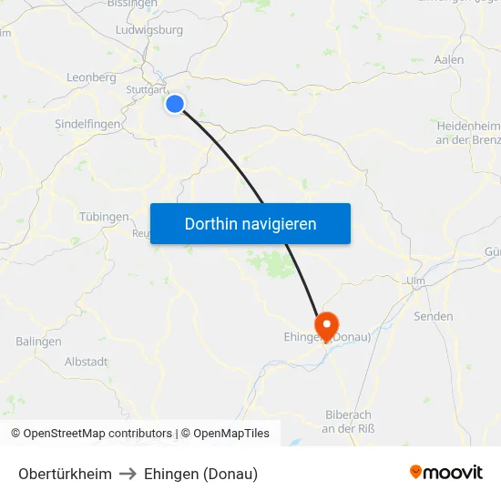 Obertürkheim to Ehingen (Donau) map