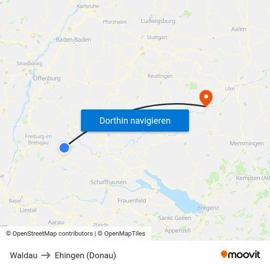 Waldau to Ehingen (Donau) map