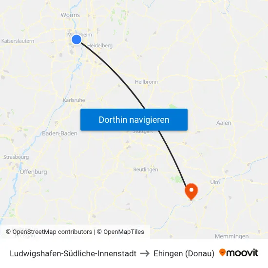 Ludwigshafen-Südliche-Innenstadt to Ehingen (Donau) map