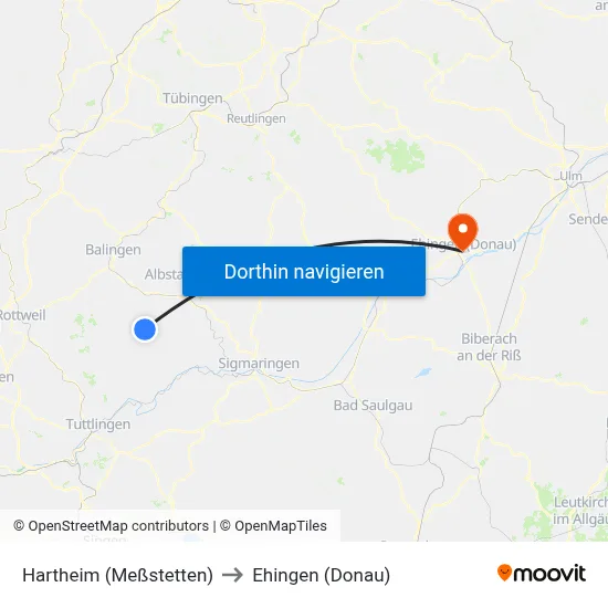 Hartheim (Meßstetten) to Ehingen (Donau) map