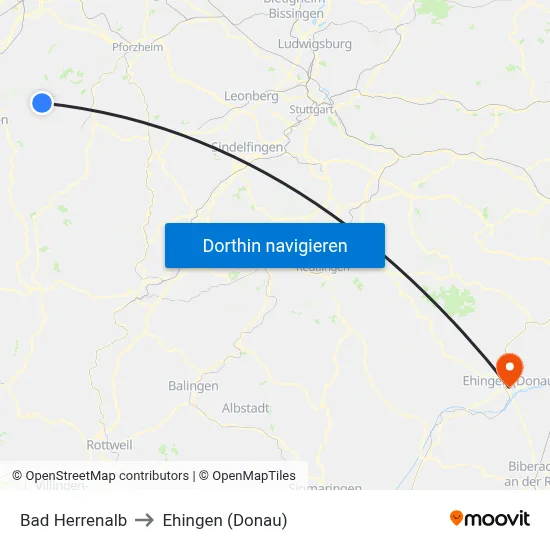 Bad Herrenalb to Ehingen (Donau) map