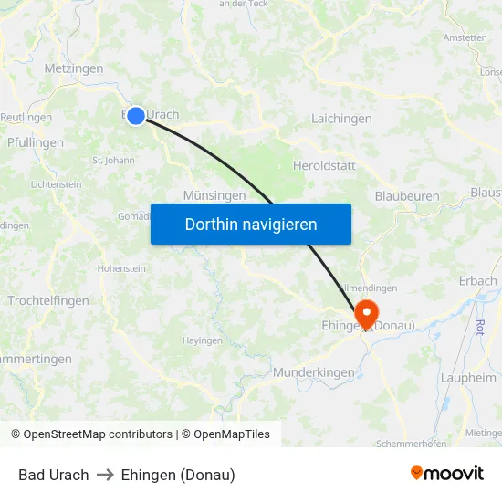 Bad Urach to Ehingen (Donau) map