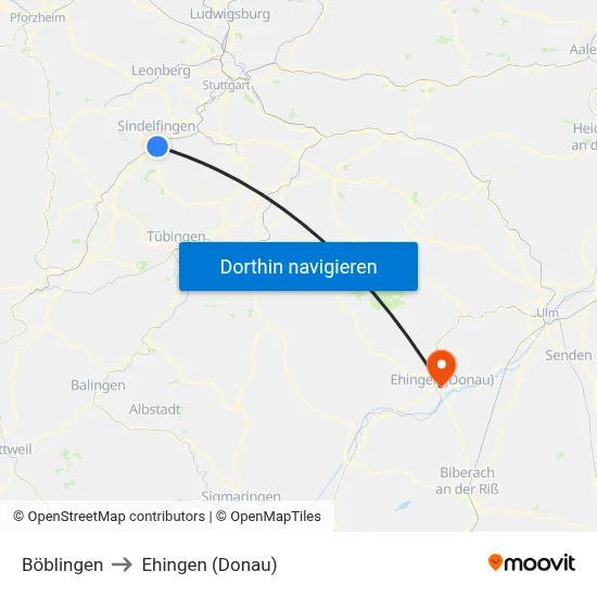 Böblingen to Ehingen (Donau) map