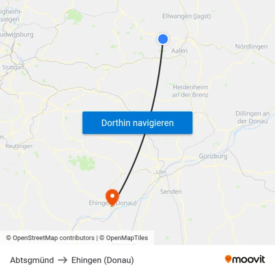 Abtsgmünd to Ehingen (Donau) map