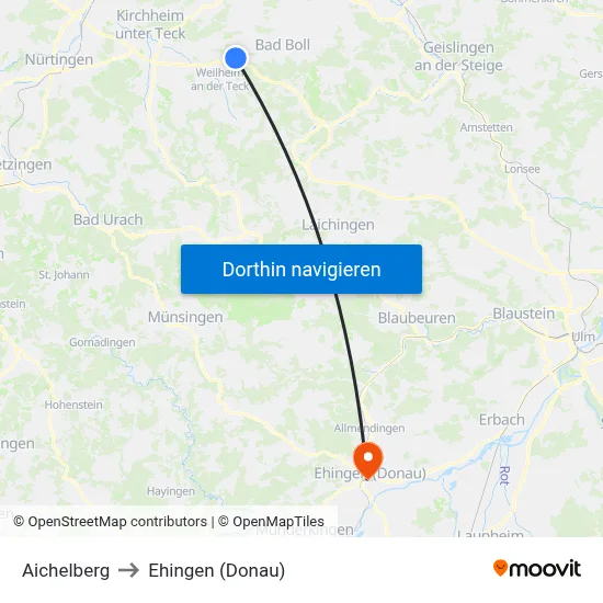 Aichelberg to Ehingen (Donau) map