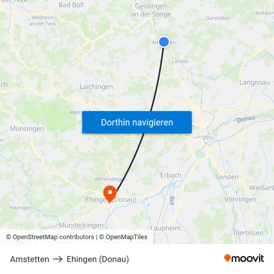 Amstetten to Ehingen (Donau) map