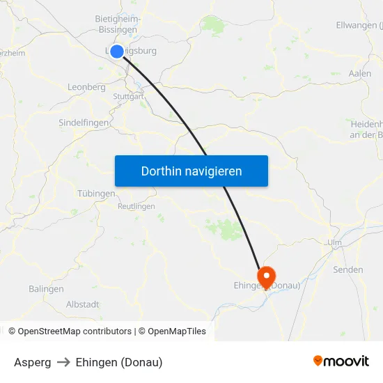 Asperg to Ehingen (Donau) map