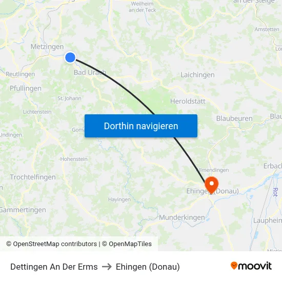 Dettingen An Der Erms to Ehingen (Donau) map