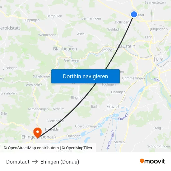 Dornstadt to Ehingen (Donau) map