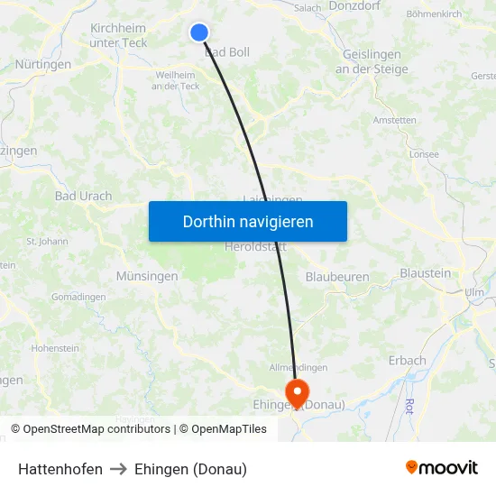 Hattenhofen to Ehingen (Donau) map