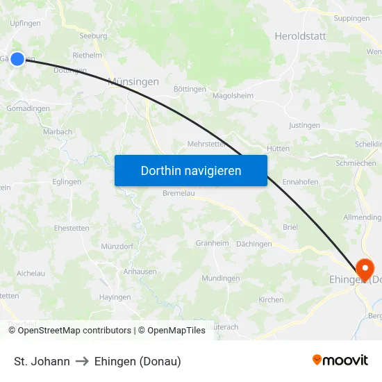 St. Johann to Ehingen (Donau) map