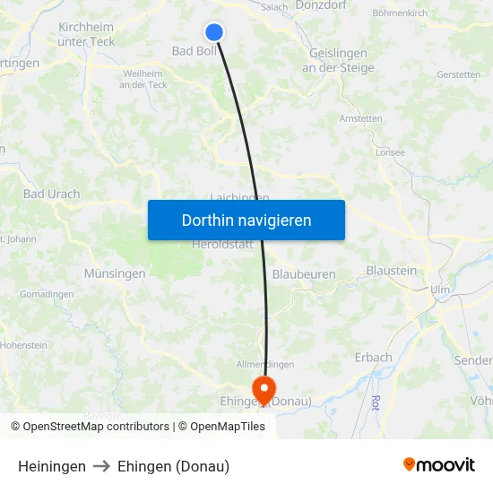 Heiningen to Ehingen (Donau) map
