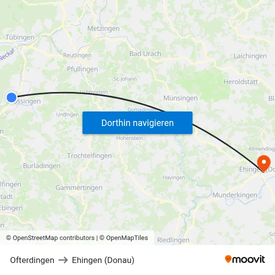 Ofterdingen to Ehingen (Donau) map