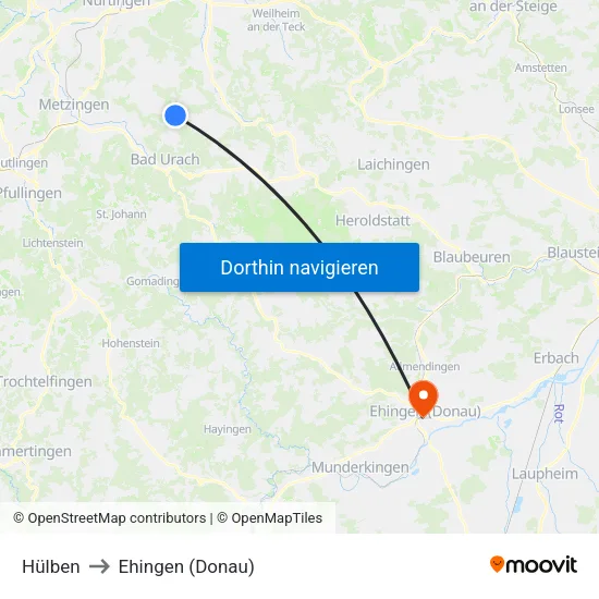 Hülben to Ehingen (Donau) map