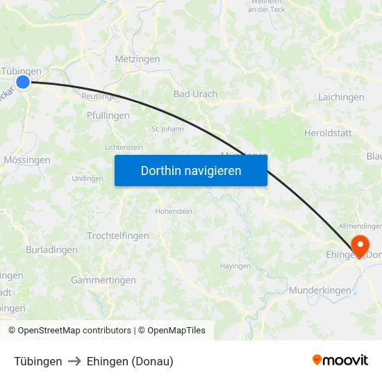 Tübingen to Ehingen (Donau) map
