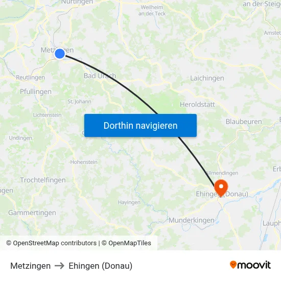 Metzingen to Ehingen (Donau) map