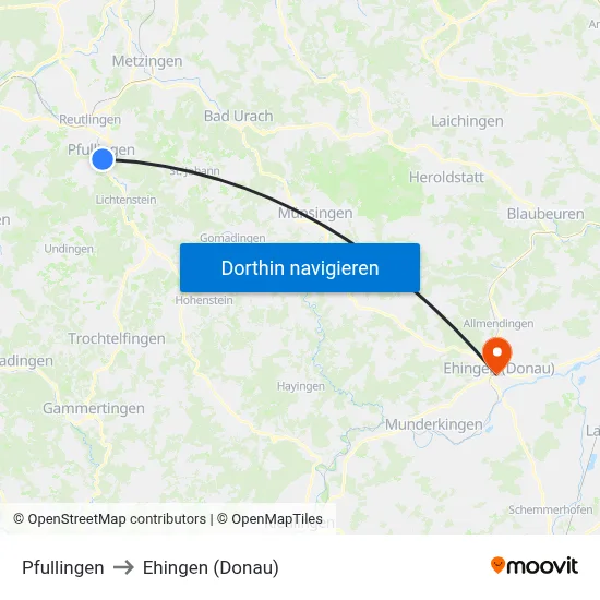 Pfullingen to Ehingen (Donau) map
