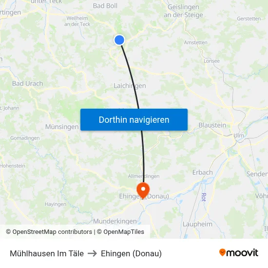 Mühlhausen Im Täle to Ehingen (Donau) map