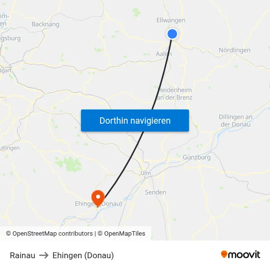 Rainau to Ehingen (Donau) map