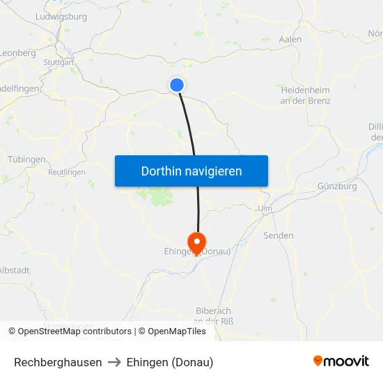 Rechberghausen to Ehingen (Donau) map