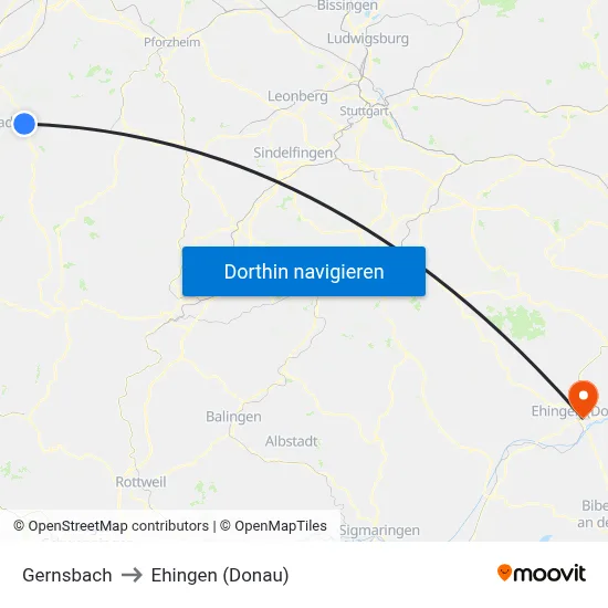 Gernsbach to Ehingen (Donau) map