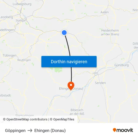 Göppingen to Ehingen (Donau) map