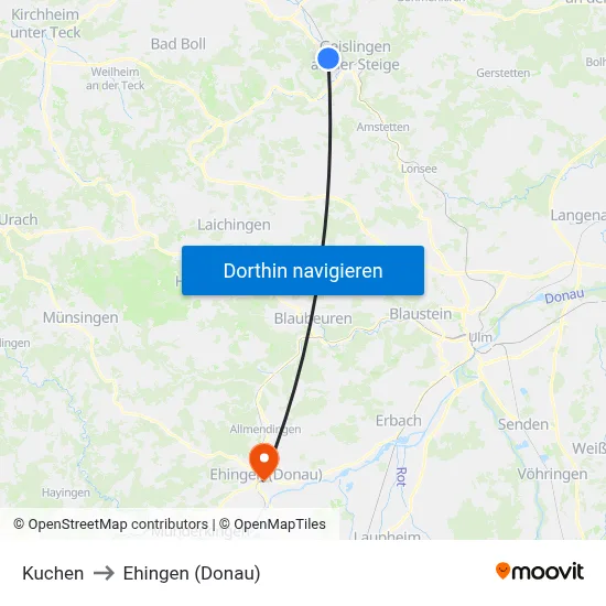 Kuchen to Ehingen (Donau) map