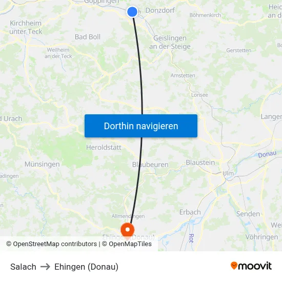 Salach to Ehingen (Donau) map