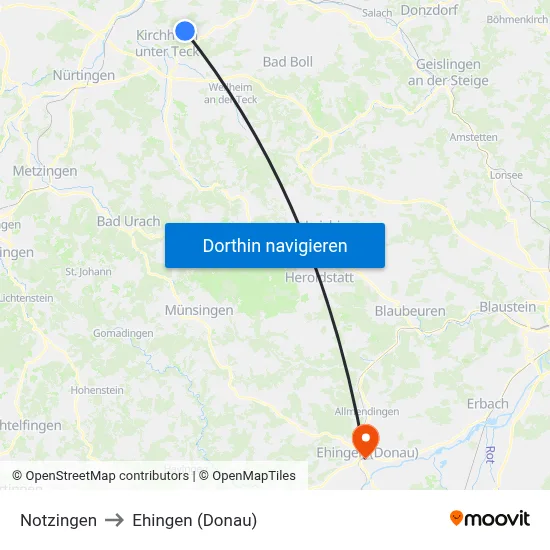 Notzingen to Ehingen (Donau) map
