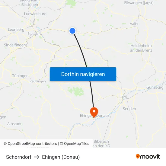 Schorndorf to Ehingen (Donau) map