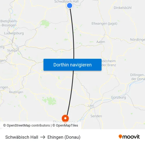 Schwäbisch Hall to Ehingen (Donau) map