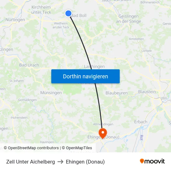 Zell Unter Aichelberg to Ehingen (Donau) map