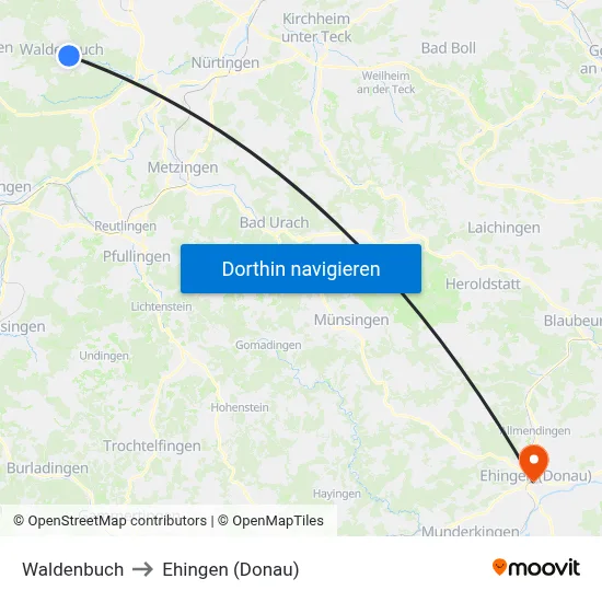 Waldenbuch to Ehingen (Donau) map
