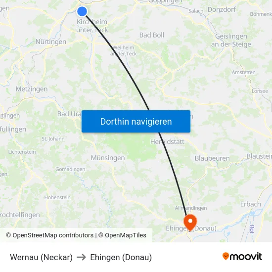 Wernau (Neckar) to Ehingen (Donau) map
