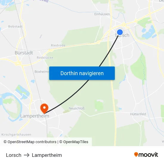 Lorsch to Lampertheim map