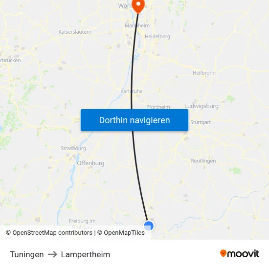 Tuningen to Lampertheim map