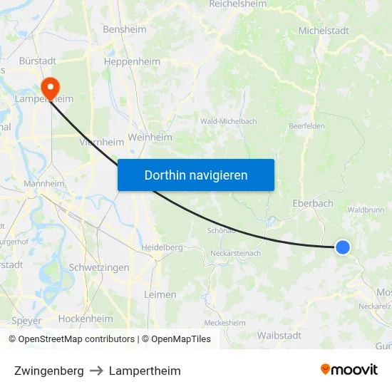 Zwingenberg to Lampertheim map