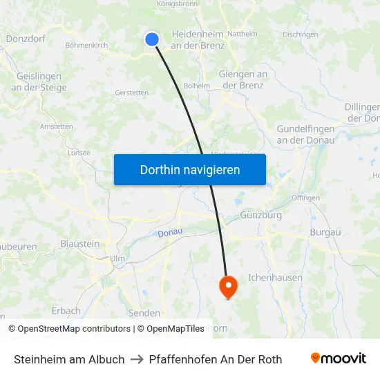 Steinheim am Albuch to Pfaffenhofen An Der Roth map