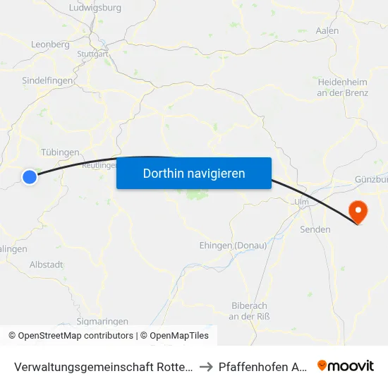 Verwaltungsgemeinschaft Rottenburg am Neckar to Pfaffenhofen An Der Roth map