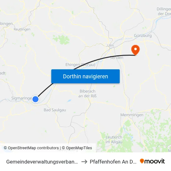 Gemeindeverwaltungsverband Mengen to Pfaffenhofen An Der Roth map