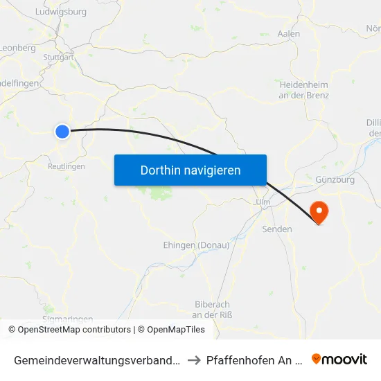 Gemeindeverwaltungsverband Pliezhausen to Pfaffenhofen An Der Roth map
