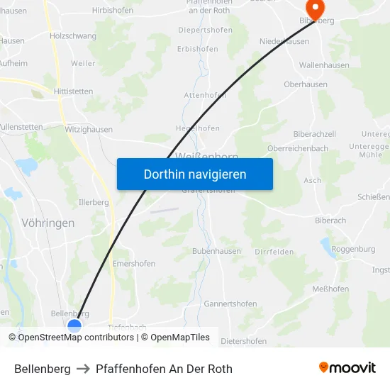 Bellenberg to Pfaffenhofen An Der Roth map