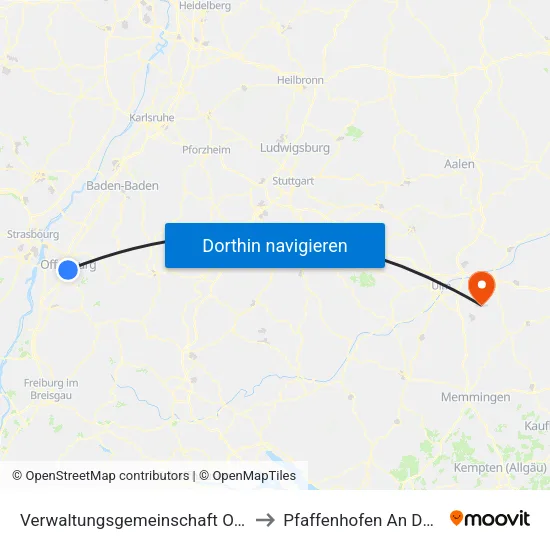 Verwaltungsgemeinschaft Offenburg to Pfaffenhofen An Der Roth map