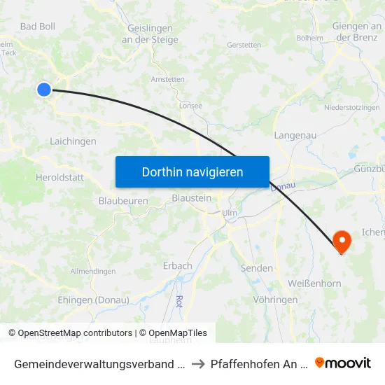 Gemeindeverwaltungsverband Oberes Filstal to Pfaffenhofen An Der Roth map