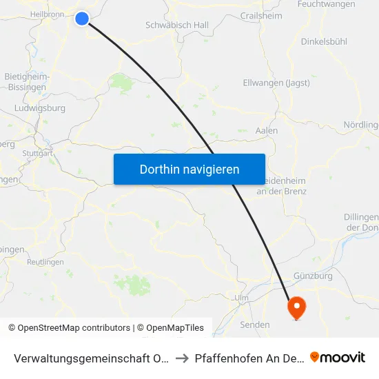 Verwaltungsgemeinschaft Obersulm to Pfaffenhofen An Der Roth map